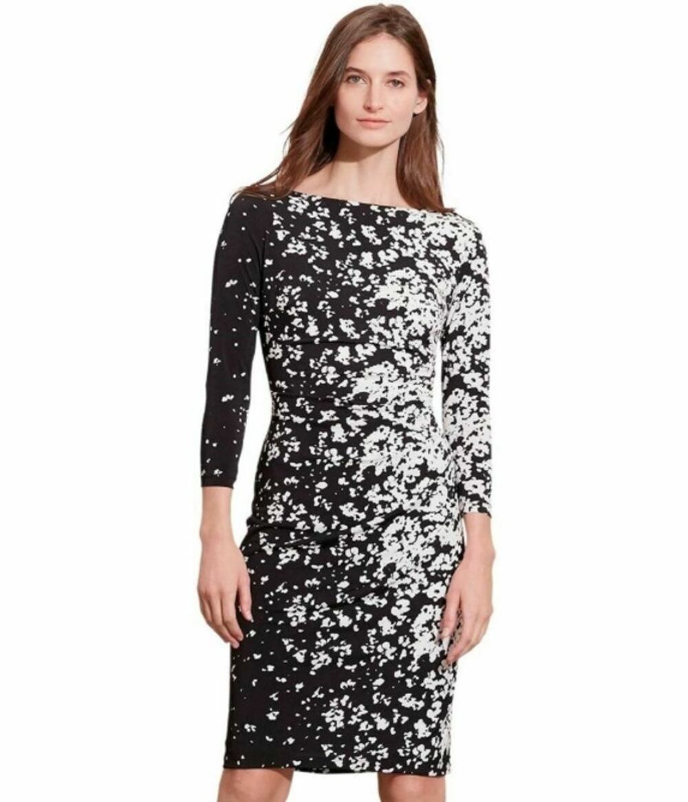 Lauren Ralph Lauren Black Cream Ruched Jersey Sheath Dress Size 8